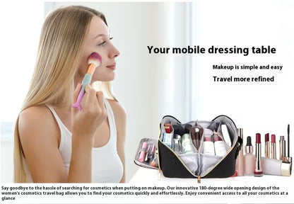 Woman applying makeup with a brush, surrounded by various cosmetic products in a travel bag.