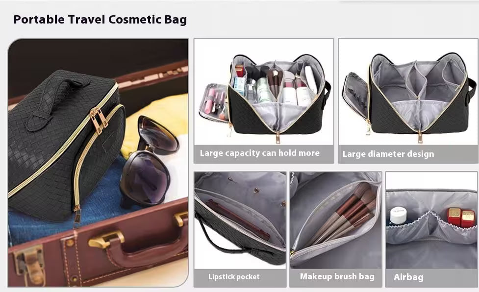 Portable travel cosmetic bag with various compartments and features.