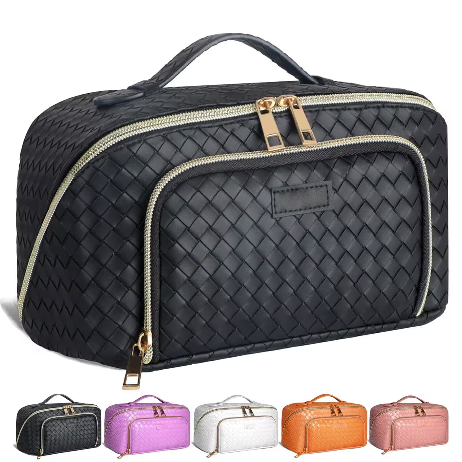 Black woven toiletry bag with gold zippers, shown in various colors on a white background.