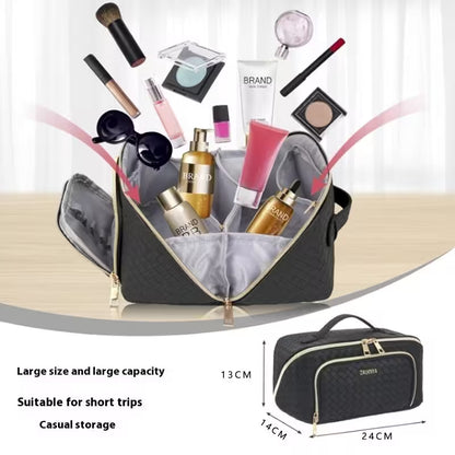 Black cosmetic bag with makeup items and dimensions displayed