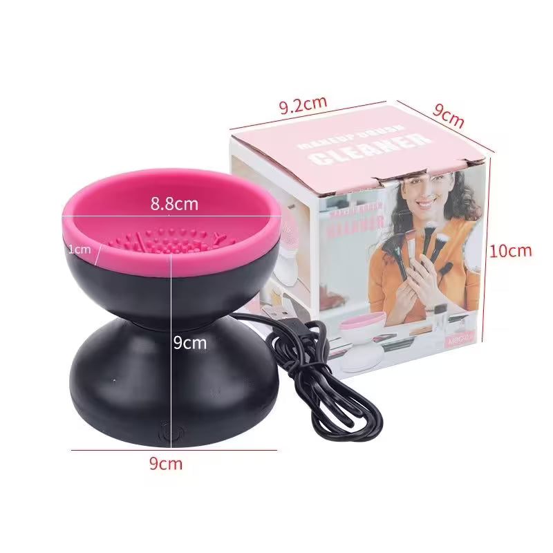 Black and pink hair styling tool with measurements and a box in the background