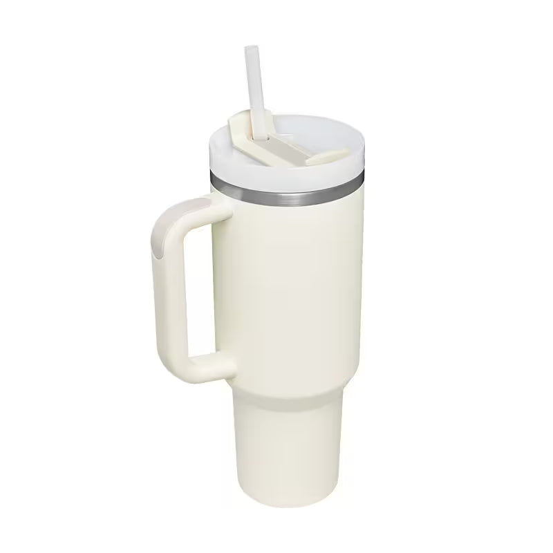 White insulated mug with handle and straw on a white background