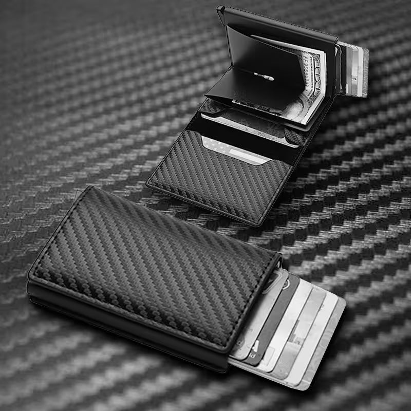Carbon fiber texture wallet with card slots on a textured surface