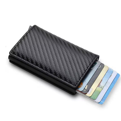 Black carbon fiber wallet with colorful cards on a white background