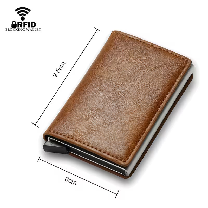 Brown leather wallet with dimensions on a white background
