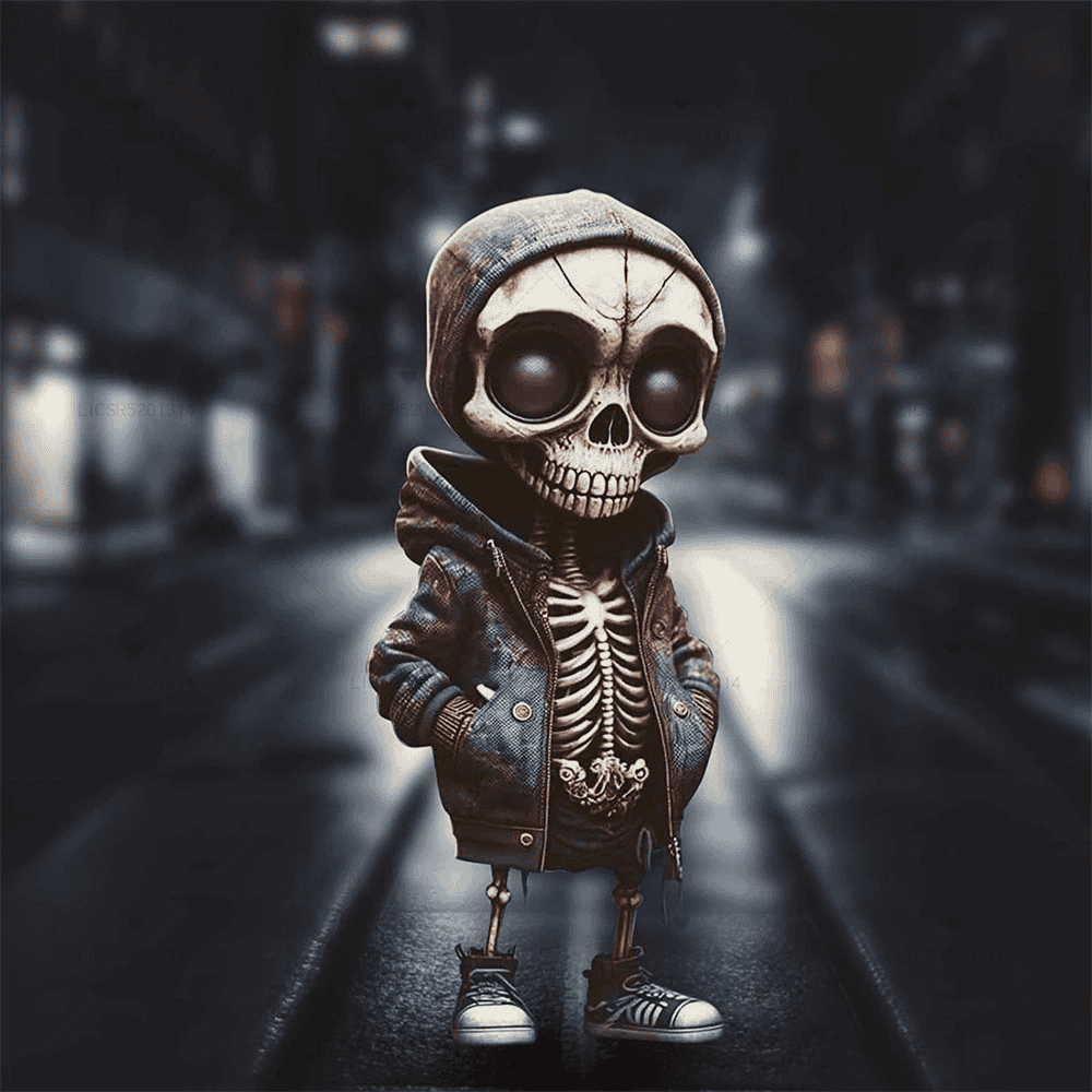 Skeleton in a hoodie standing on a dark street