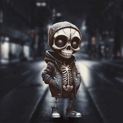 Skeleton in a hoodie standing on a dark street