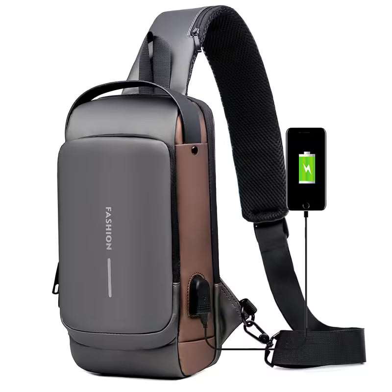 Gray and brown crossbody bag with a smartphone showing battery life on a white background