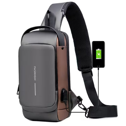 Gray and brown crossbody bag with a smartphone showing battery life on a white background