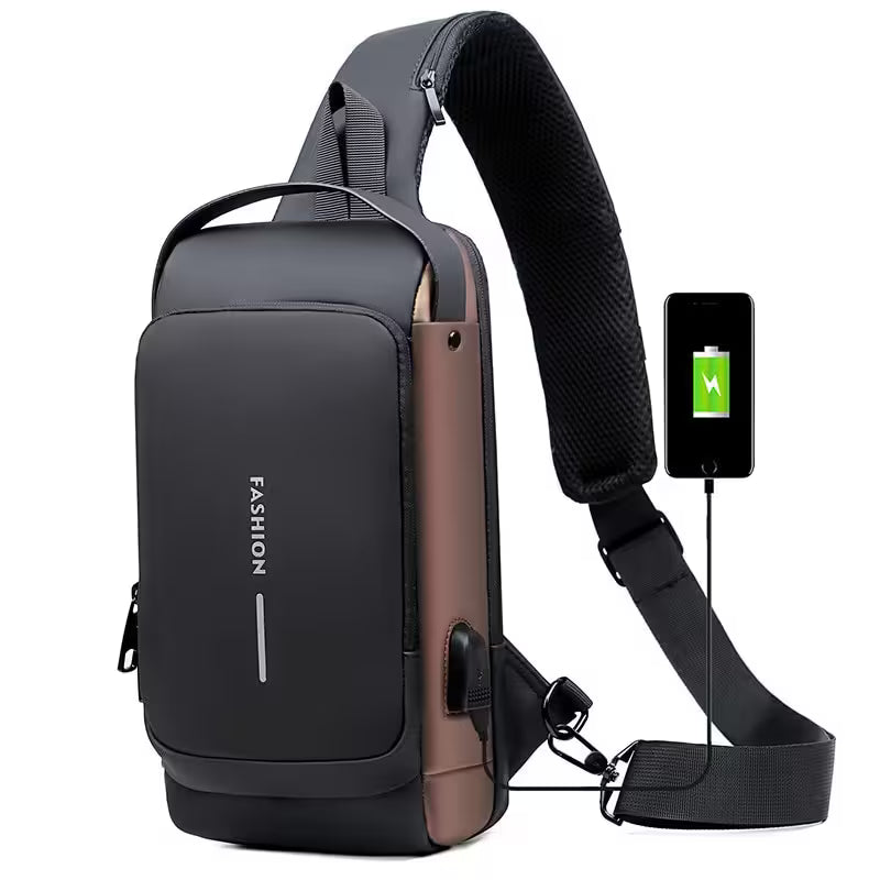 Black and brown sling bag with USB port and smartphone charging illustration on a white background