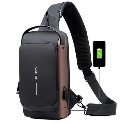 Black and brown sling bag with USB port and smartphone charging illustration on a white background