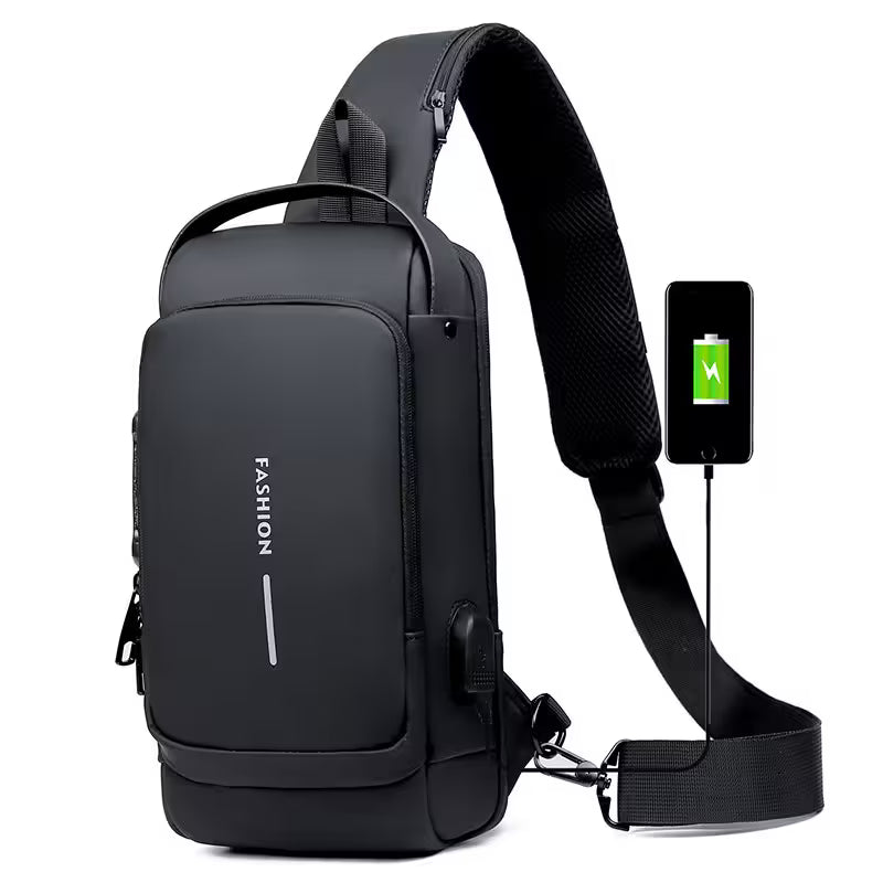 Black sling bag with USB port and smartphone charging feature on a white background