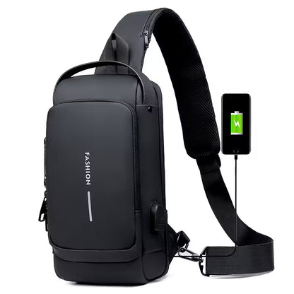 Black sling bag with USB port and smartphone charging feature on a white background