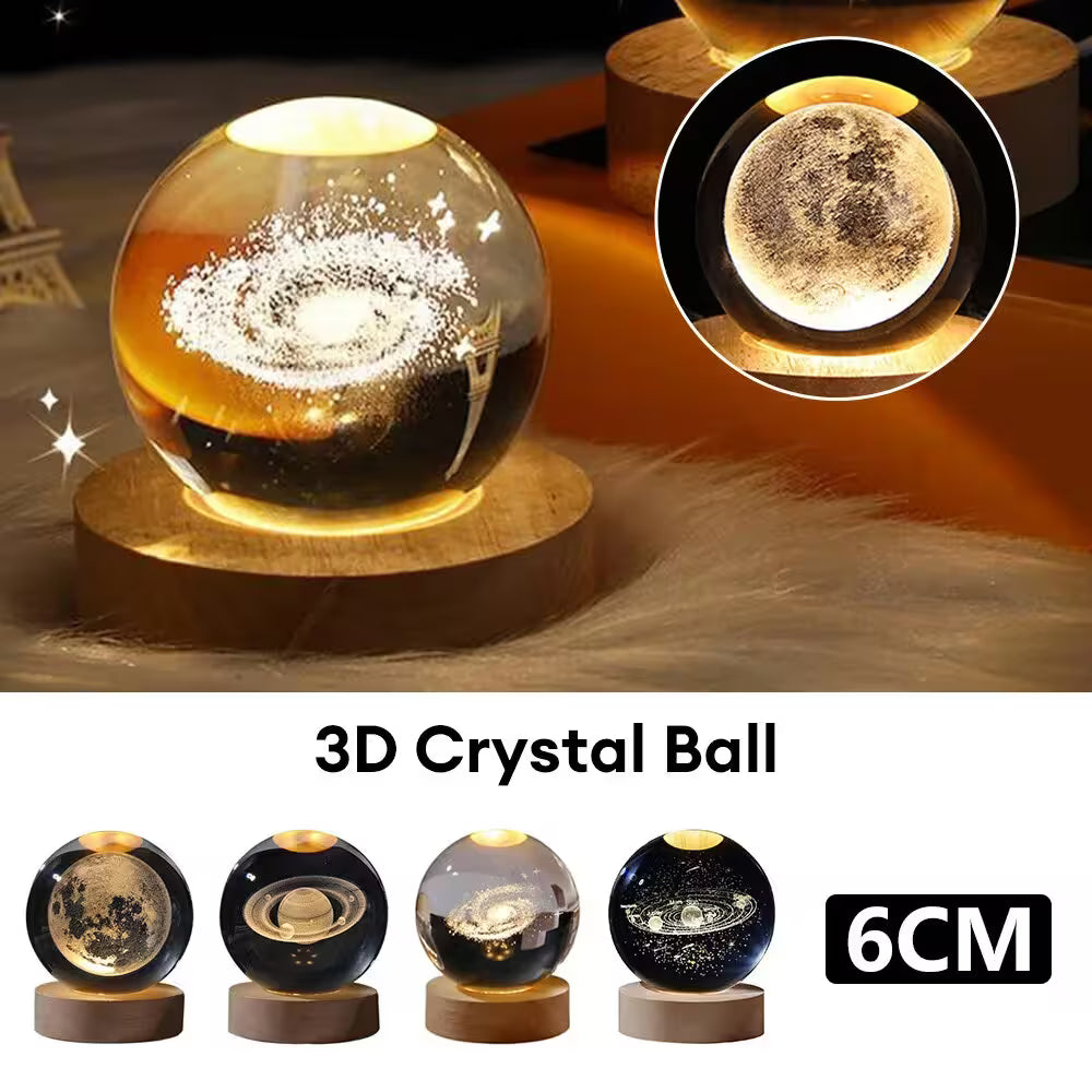 3D Crystal Ball with wooden base and inset showing detailed design, surrounded by similar balls.