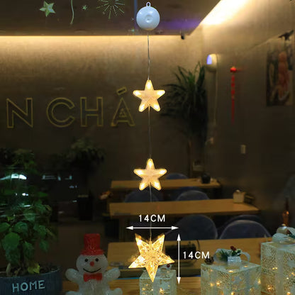Star-shaped string lights hanging in a room with 'N CHA' branding.