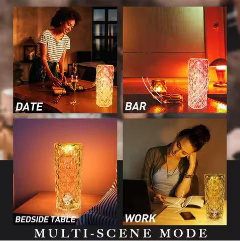 Collage of a glass lamp in various settings with text labels.