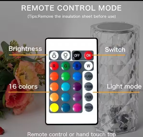 Remote control with color and mode options for a decorative item, surrounded by flowers.