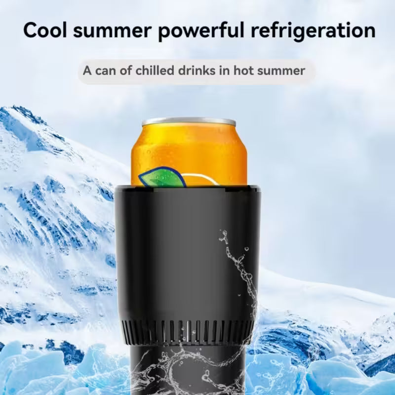 Black can cooler with a can of orange soda against a snowy mountain background