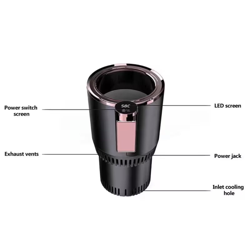 Black car cup holder with labeled parts on a white background