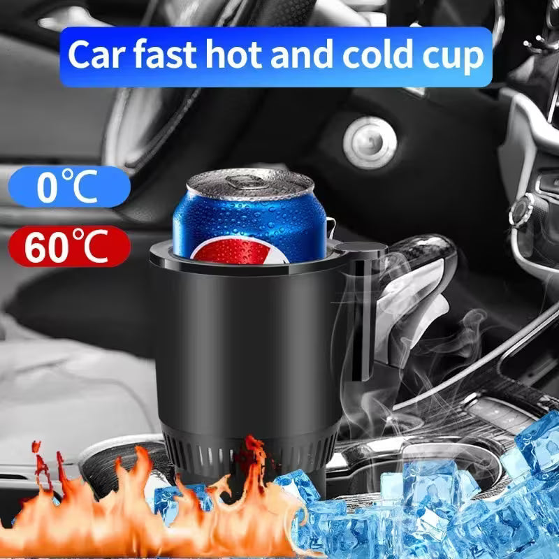 Car cup holder with a can of Pepsi, surrounded by flames and ice cubes, with text indicating temperature range.