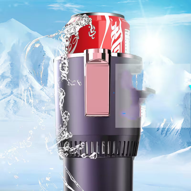 Purple water bottle with Coca-Cola can on top against a blue ice background