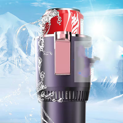 Purple water bottle with Coca-Cola can on top against a blue ice background