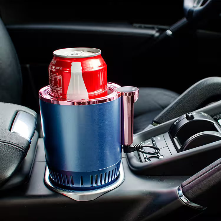 Car cup holder with a can of soda inside, placed on a car's dashboard.