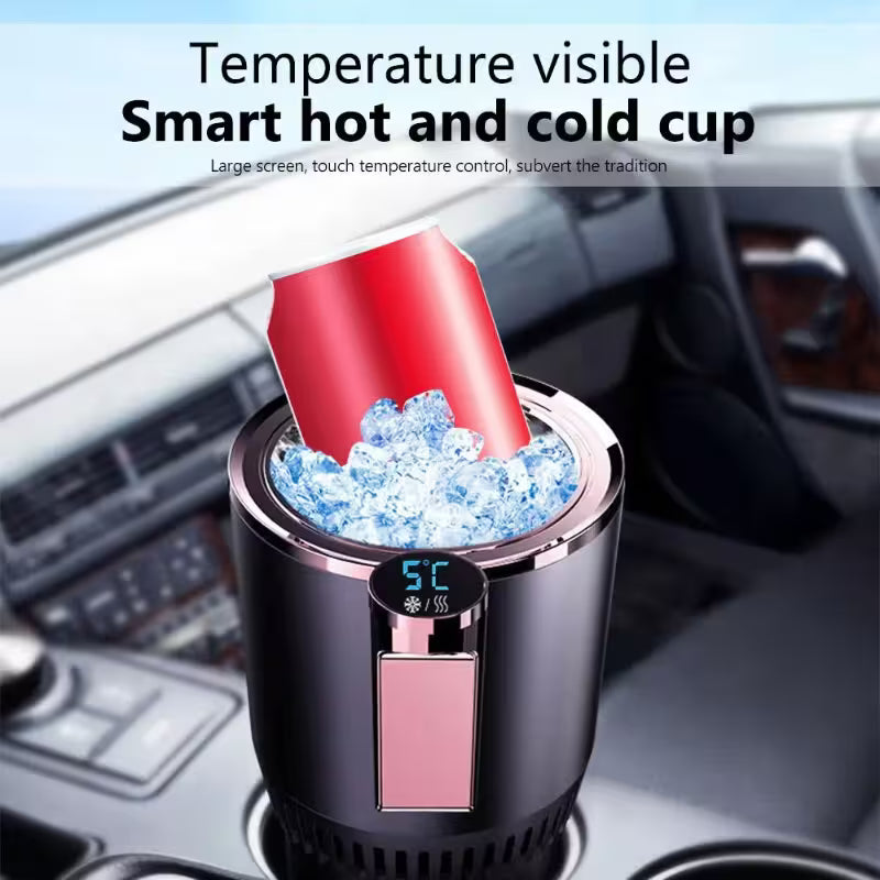 Smart hot and cold cup with temperature display in a car cup holder