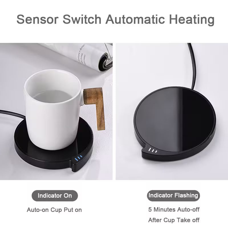 Black sensor switch heating pad with a white mug on a light gray background