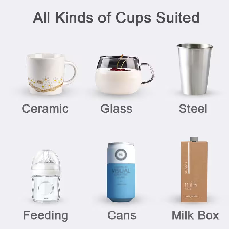 Collection of various cups including ceramic, glass, steel, feeding, cans, and milk box on a white background.
