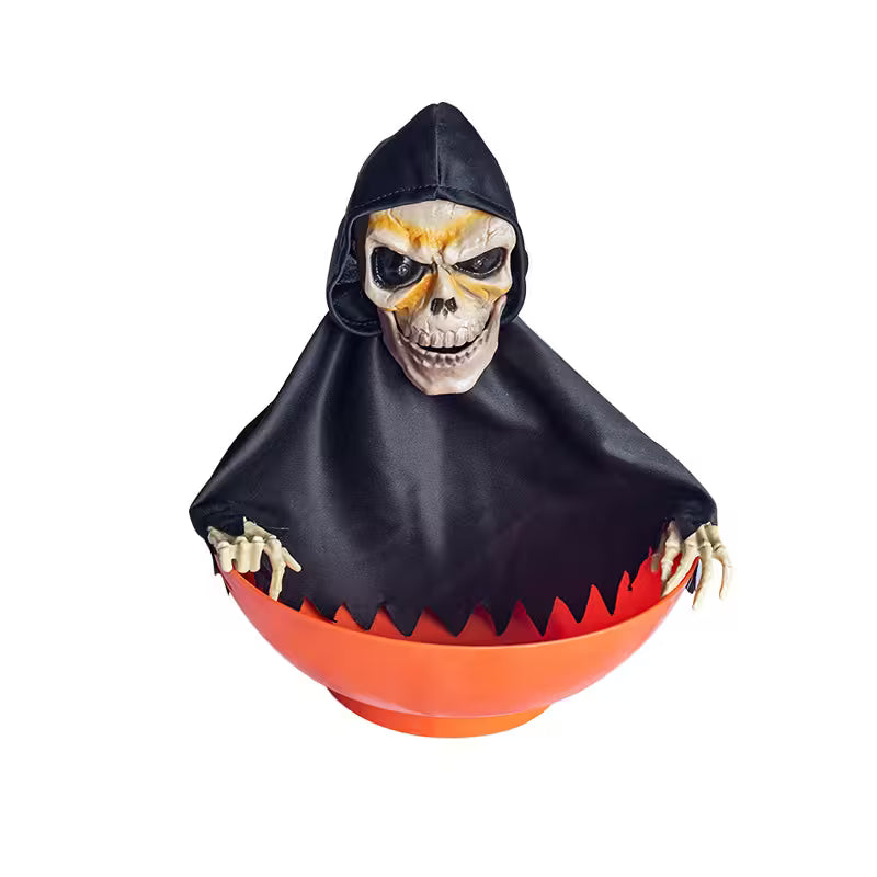 Custom Halloween Candy Bowl With Moving Arms, Glowing Red Eyes and Sound Effects – 6 Skeleton & Witch Models for Spooky Party Tables