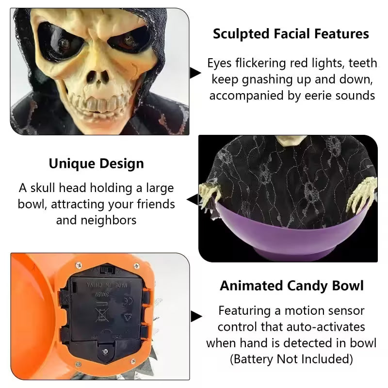 Custom Halloween Candy Bowl With Moving Arms, Glowing Red Eyes and Sound Effects – 6 Skeleton & Witch Models for Spooky Party Tables