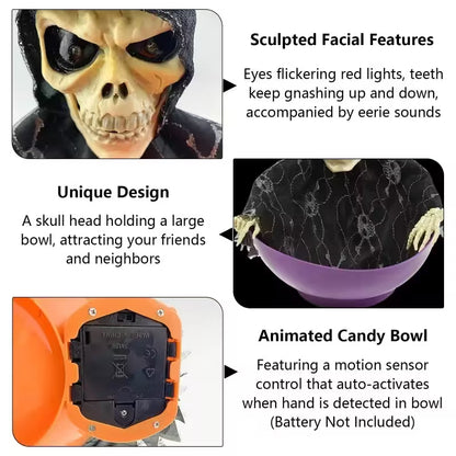 Custom Halloween Candy Bowl With Moving Arms, Glowing Red Eyes and Sound Effects – 6 Skeleton & Witch Models for Spooky Party Tables
