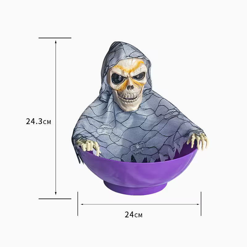 Custom Halloween Candy Bowl With Moving Arms, Glowing Red Eyes and Sound Effects – 6 Skeleton & Witch Models for Spooky Party Tables