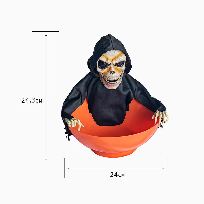 Custom Halloween Candy Bowl With Moving Arms, Glowing Red Eyes and Sound Effects – 6 Skeleton & Witch Models for Spooky Party Tables