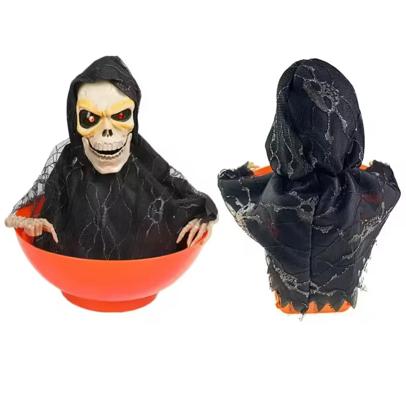 Custom Halloween Candy Bowl With Moving Arms, Glowing Red Eyes and Sound Effects – 6 Skeleton & Witch Models for Spooky Party Tables