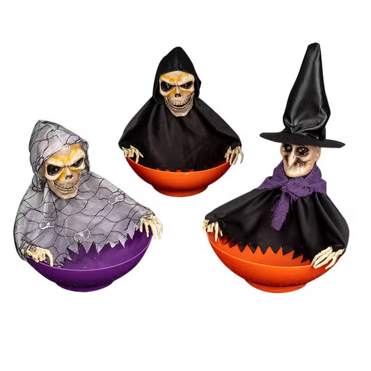 Custom Halloween Candy Bowl With Moving Arms, Glowing Red Eyes and Sound Effects – 6 Skeleton & Witch Models for Spooky Party Tables