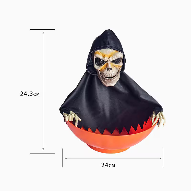 Custom Halloween Candy Bowl With Moving Arms, Glowing Red Eyes and Sound Effects – 6 Skeleton & Witch Models for Spooky Party Tables