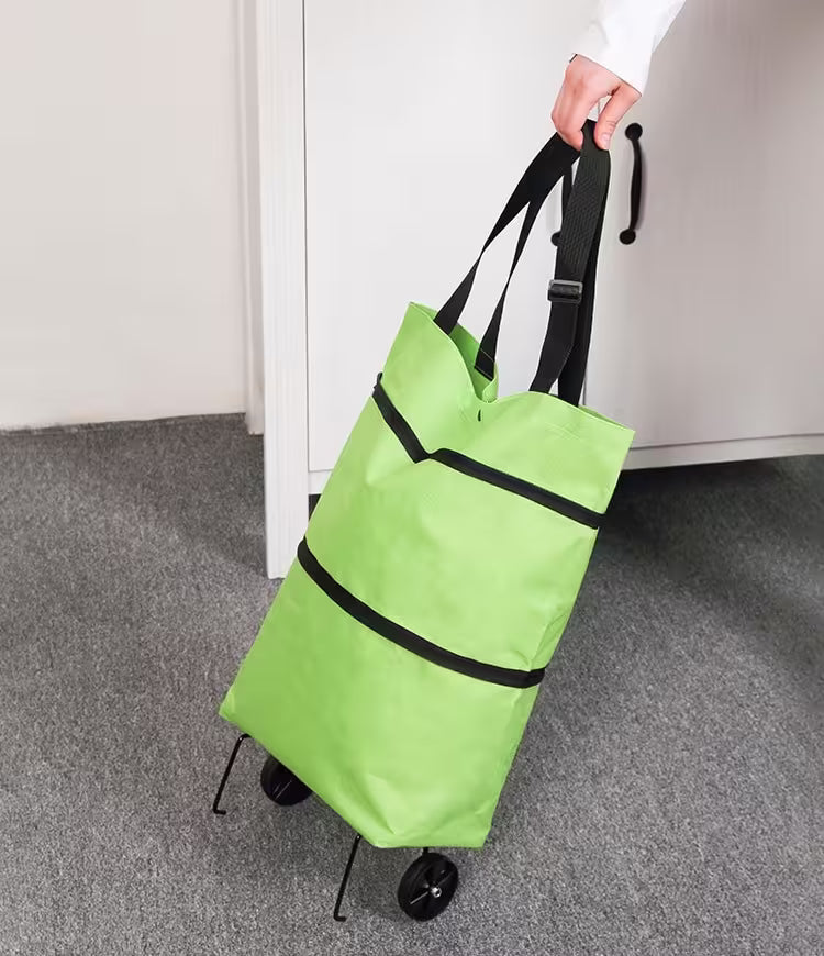 Green rolling bag with black straps being held by a person indoors.