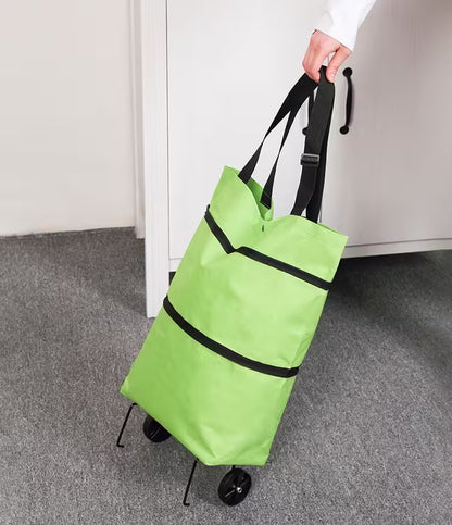 Green rolling bag with black straps being held by a person indoors.