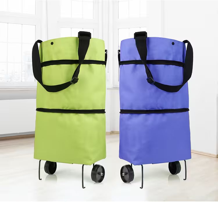 Green and blue shopping carts with wheels on a white background