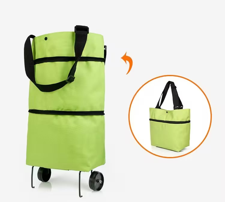 Green shopping cart with wheels on a white background