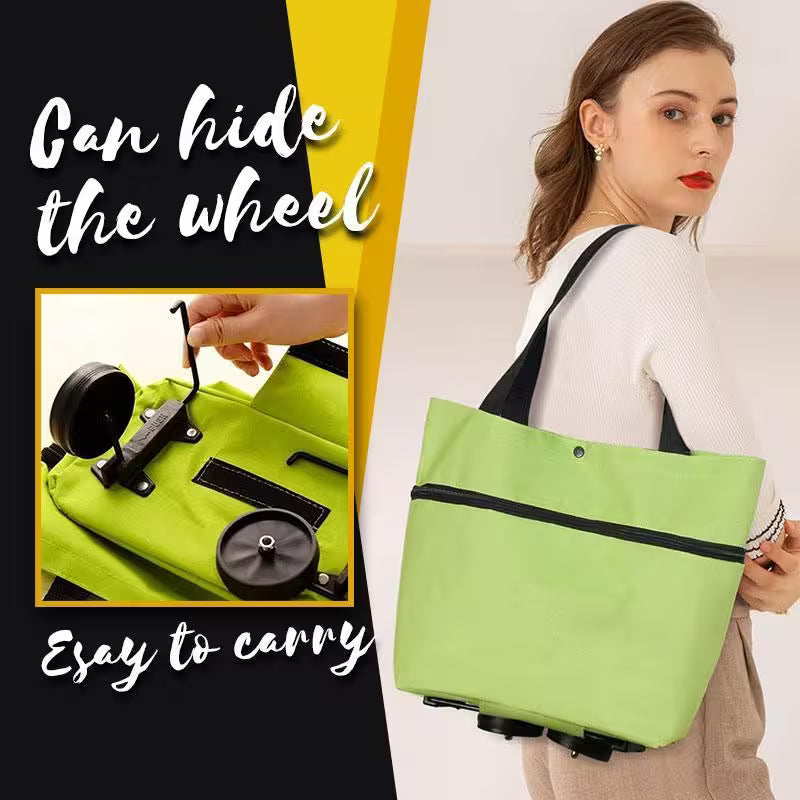 Woman holding a green bag with a wheel, text 'Can hide the wheel' and 'Easy to carry'.