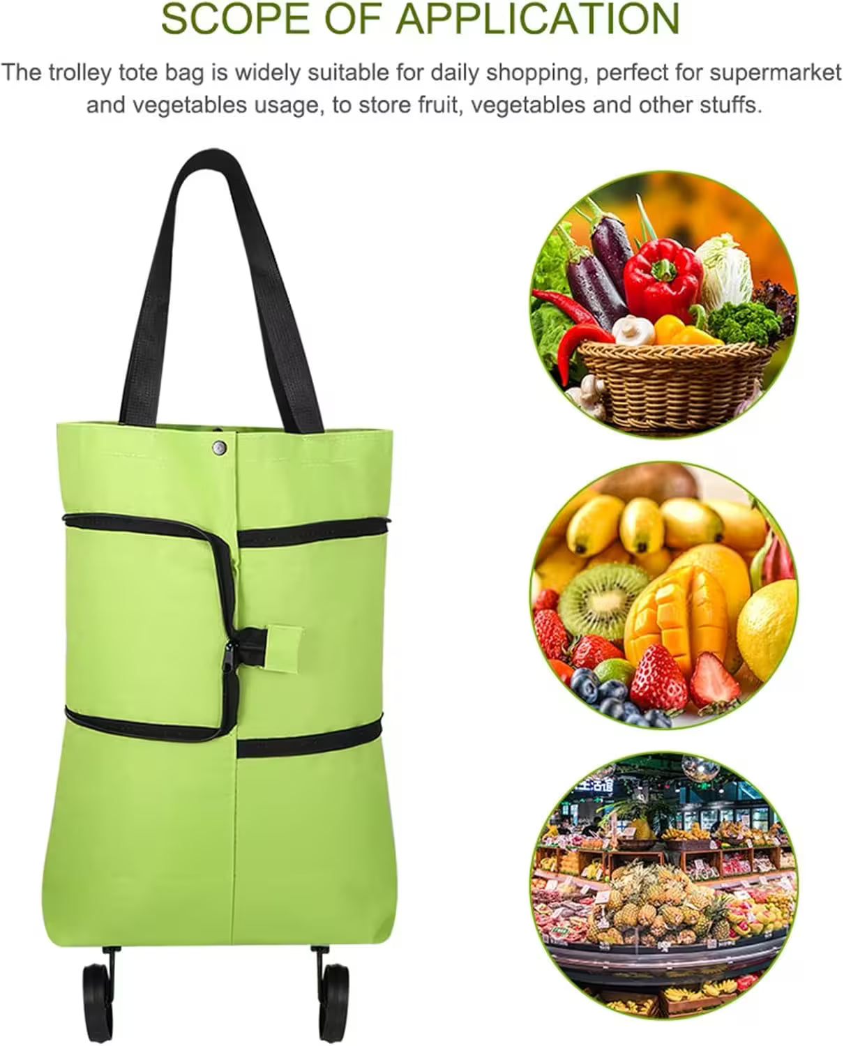 Green shopping tote bag with wheels on a white background, surrounded by images of fruits, vegetables, and a supermarket.