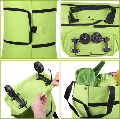 Collage of a green bag with black straps and wheels, showing different angles and uses.