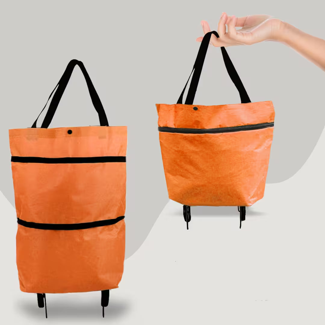 Orange tote bag with black straps on a gray background