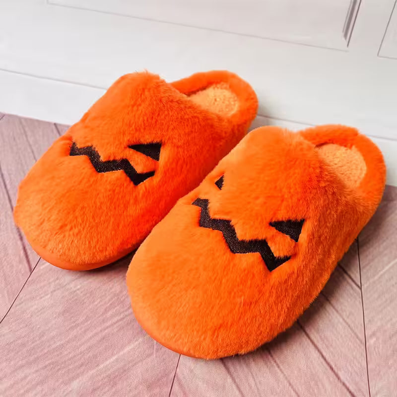 Cute Halloween Slippers For Women | Fuzzy Orange Pumpkin Slides