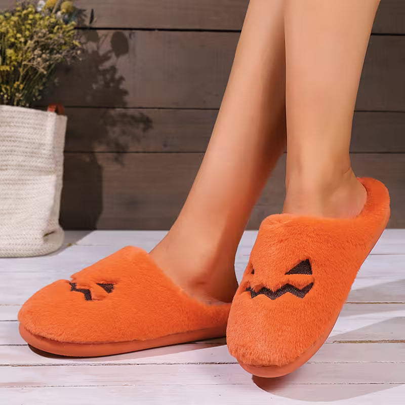 Cute Halloween Slippers For Women | Fuzzy Orange Pumpkin Slides