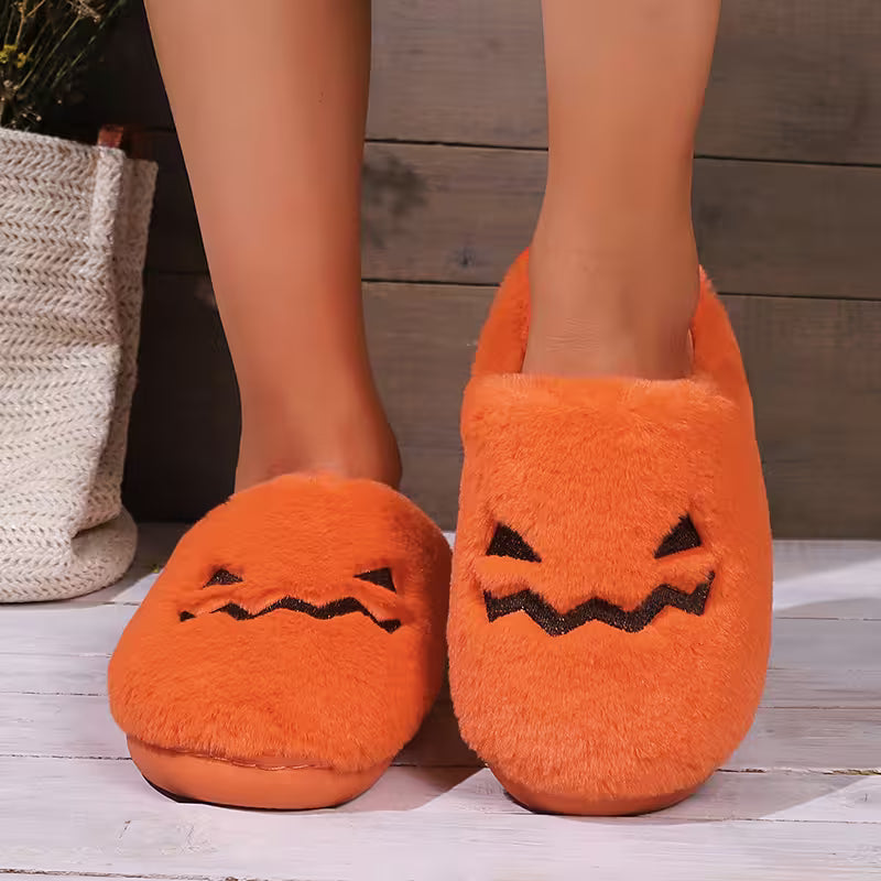Cute Halloween Slippers For Women | Fuzzy Orange Pumpkin Slides