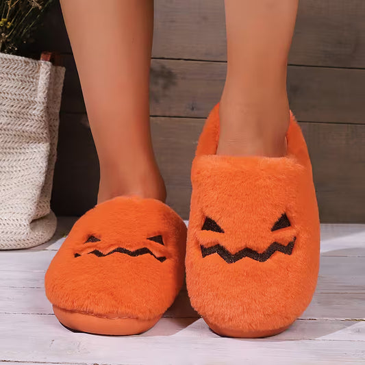 Cute Halloween Slippers For Women | Fuzzy Orange Pumpkin Slides